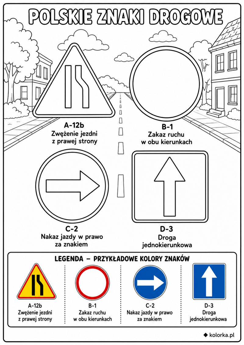 Kolorowanki znaki drogowe - nakazy zakazy i zwężenie jezdni