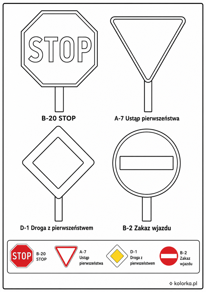 Kolorowanki znaki drogowe - cztery podstawowe znaki z legendą