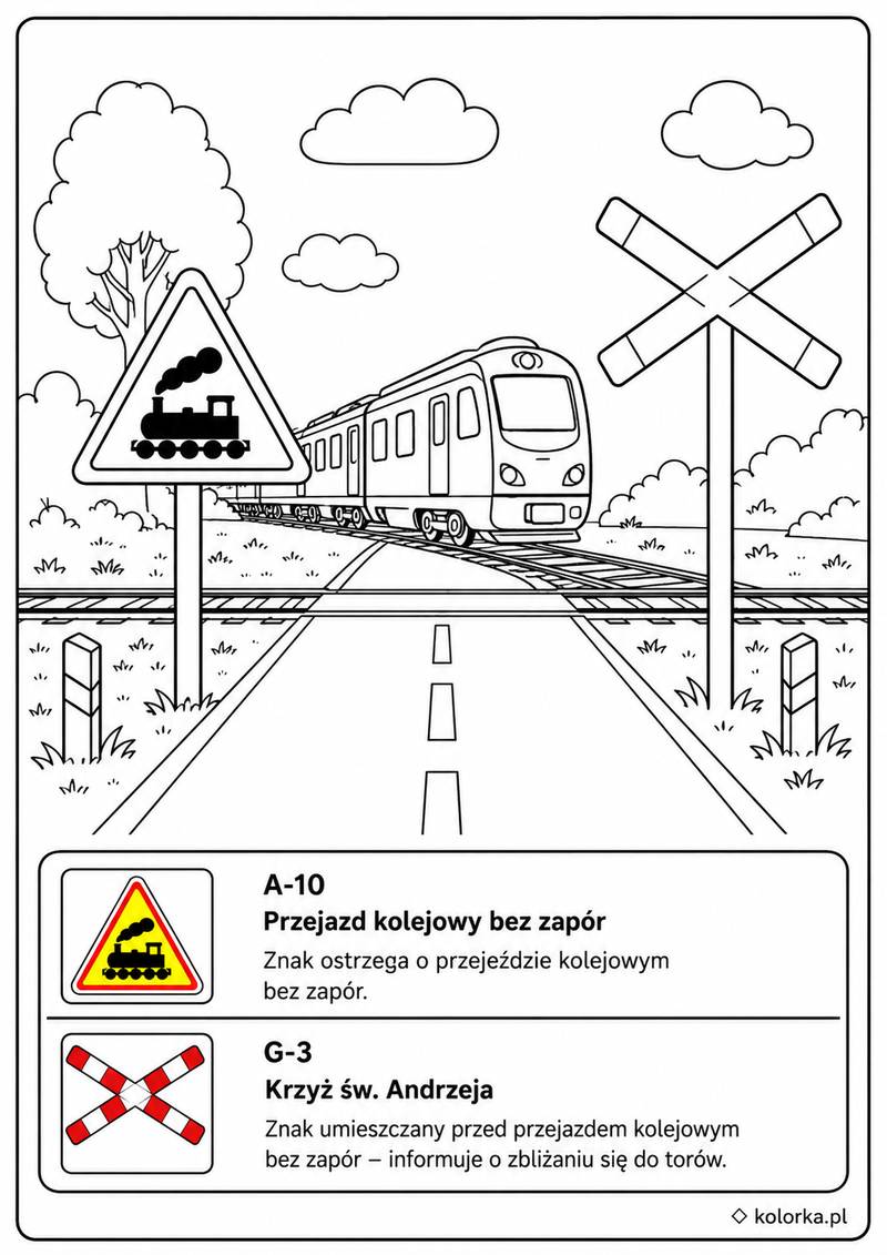 Kolorowanki znaki drogowe - przejazd kolejowy bez zapór