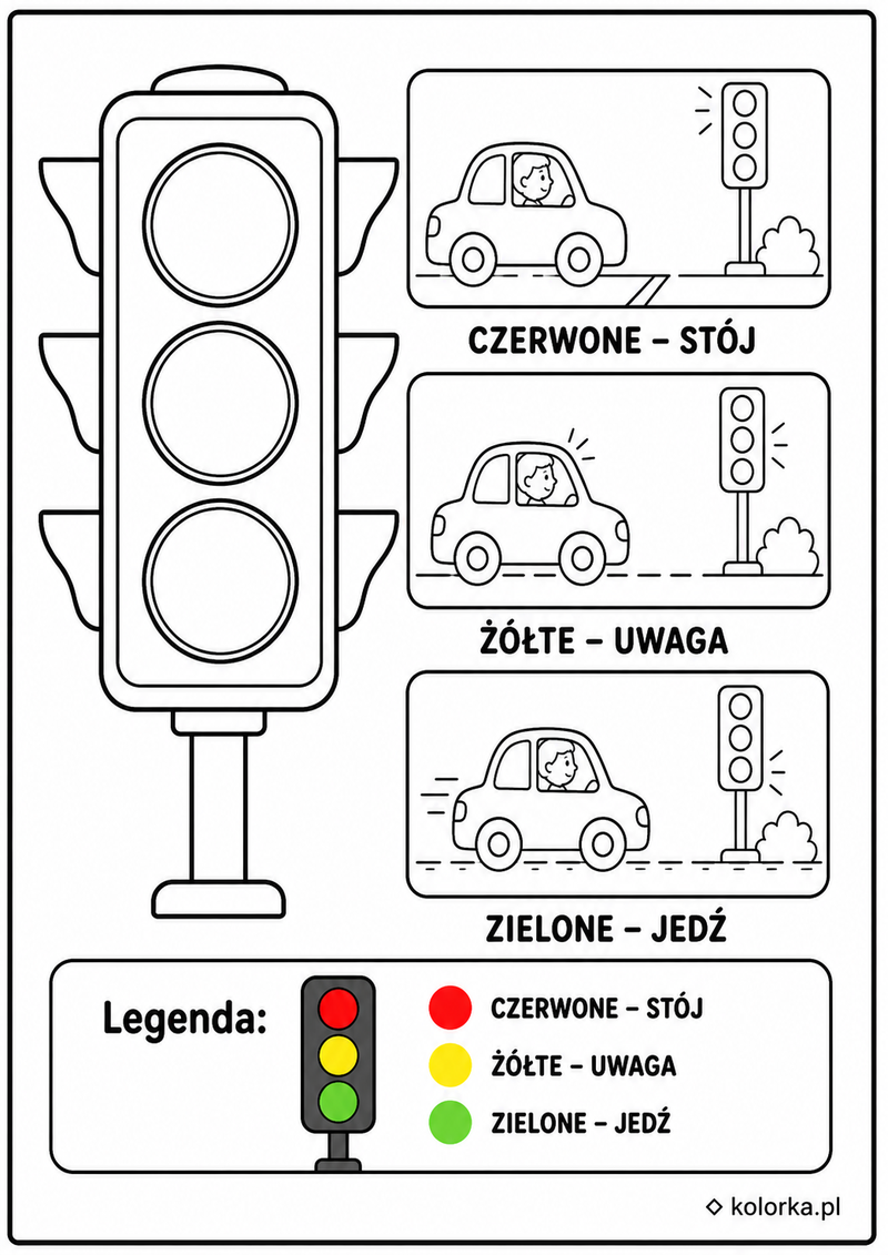 Kolorowanki znaki drogowe - Sygnalizacja świetlna i znaczenie kolorów