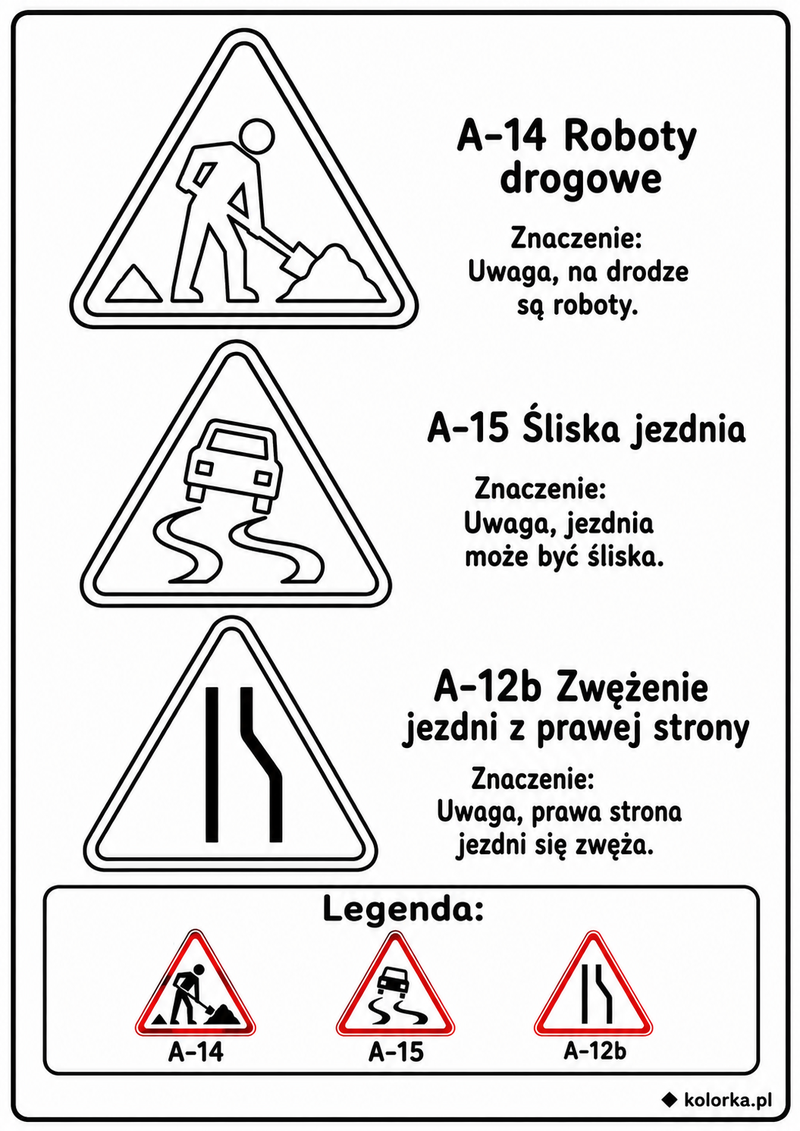 Kolorowanki znaki drogowe - znaki ostrzegawcze