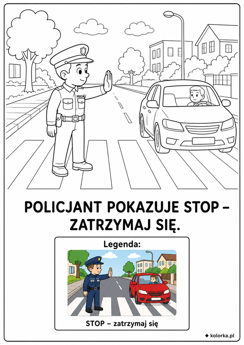 Kolorowanki znaki drogowe - Policjant pokazujący kierowcy sygnał stop