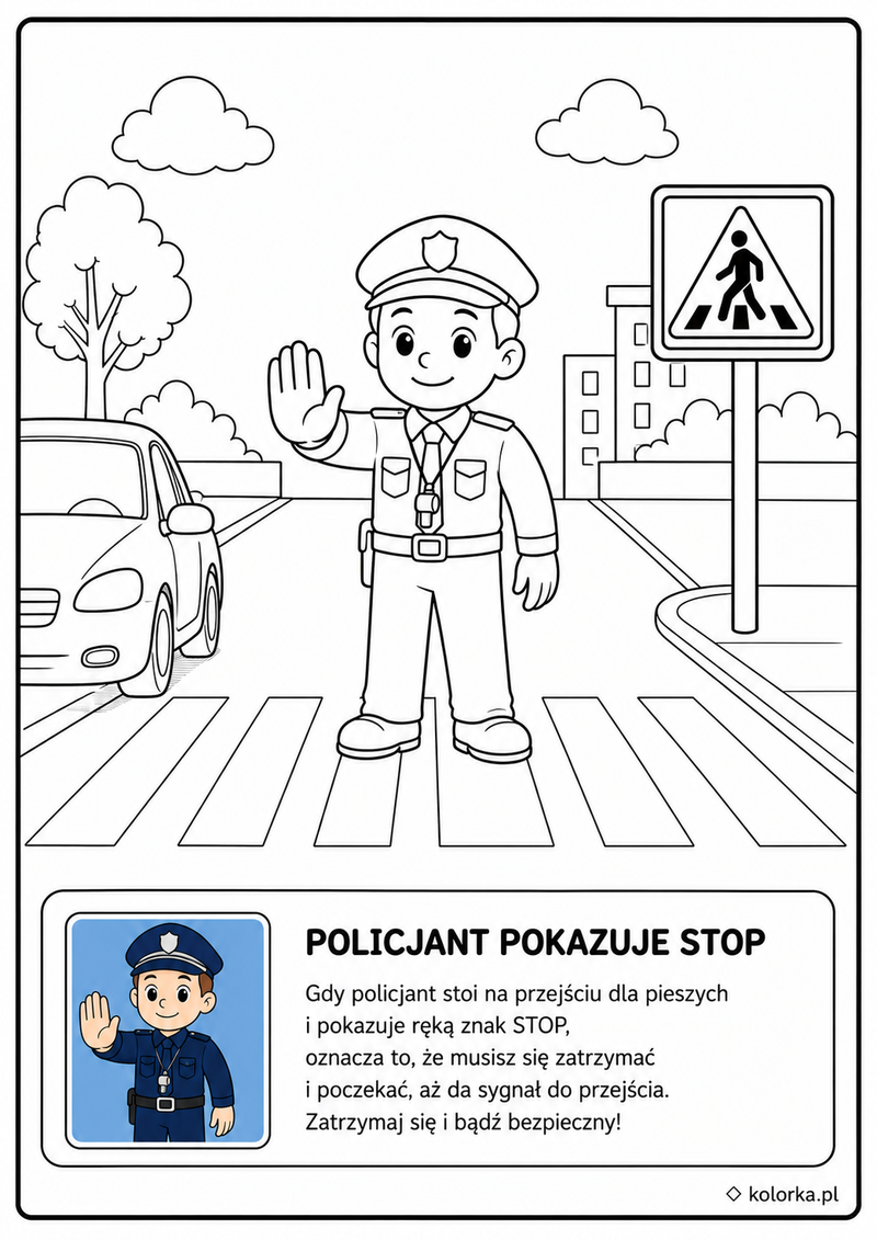 Kolorowanki znaki drogowe - policjant pokazuje sygnał stop