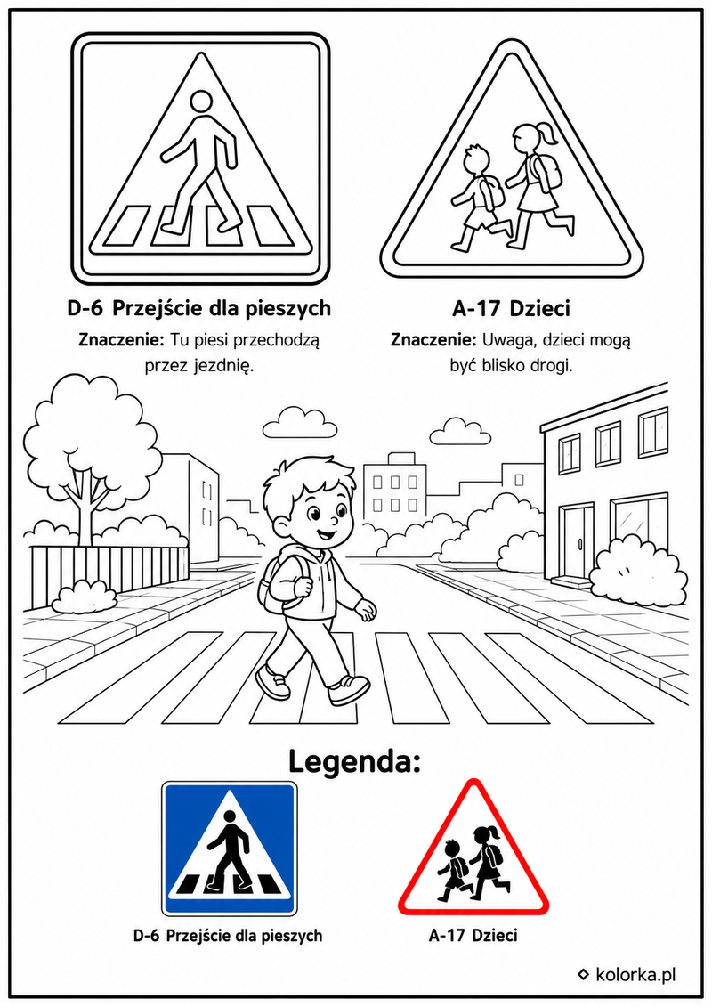 Kolorowanki znaki drogowe - Przejście dla pieszych i znak dzieci