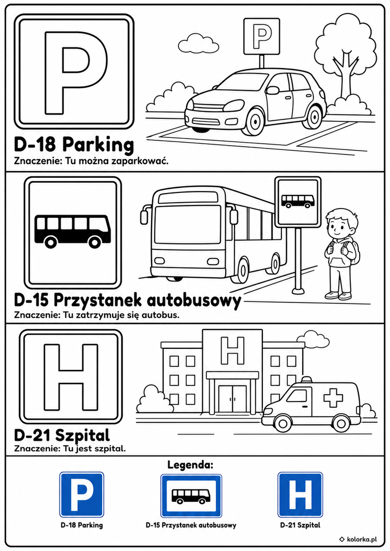 Kolorowanki znaki drogowe - znaki informacyjne