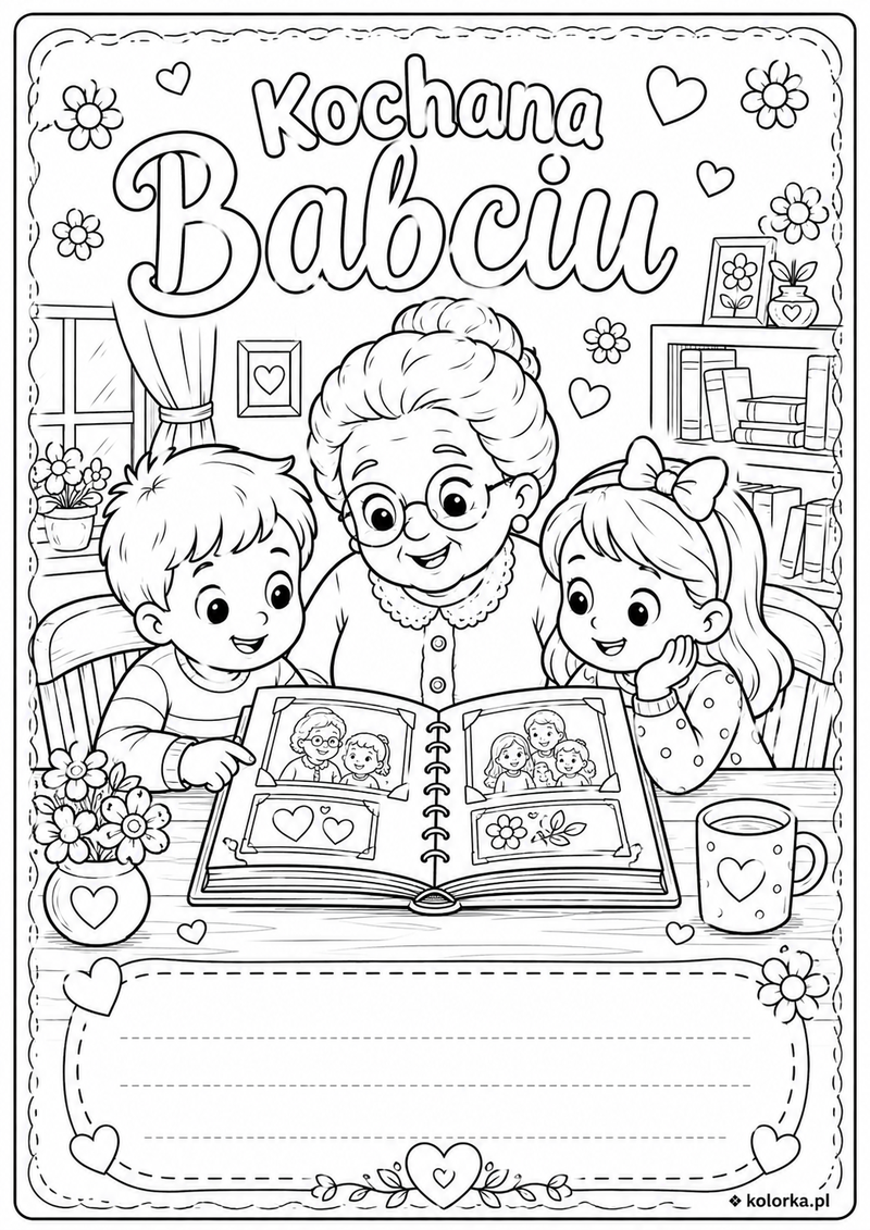 Laurka dla babci do kolorowania - babcia z wnukami