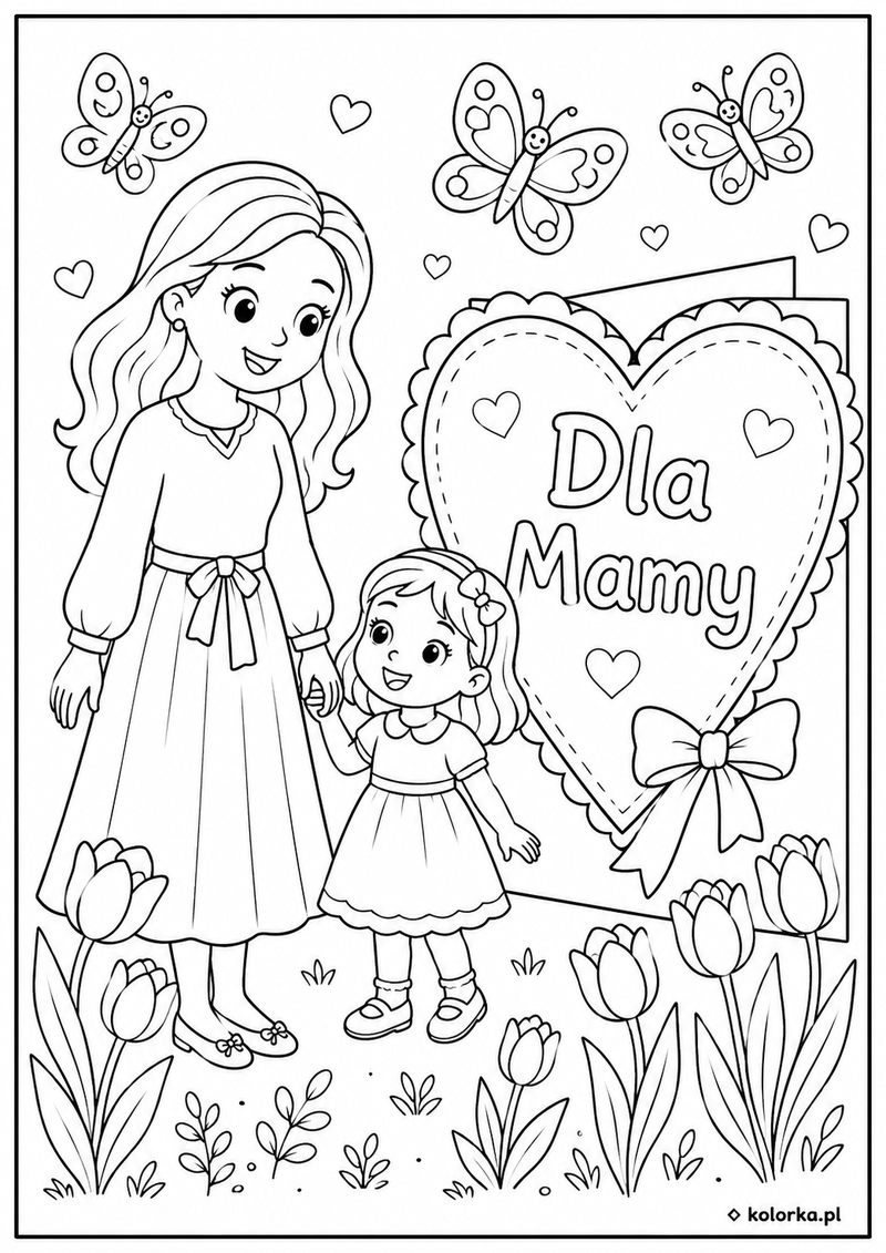 Laurka dla mamy do kolorowania - mama z córką obok serca