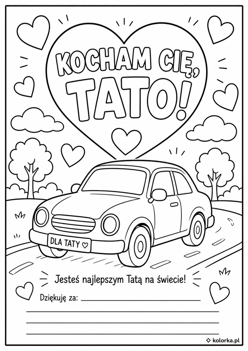 Laurka dla taty do kolorowania - samochód serca i własne życzenia