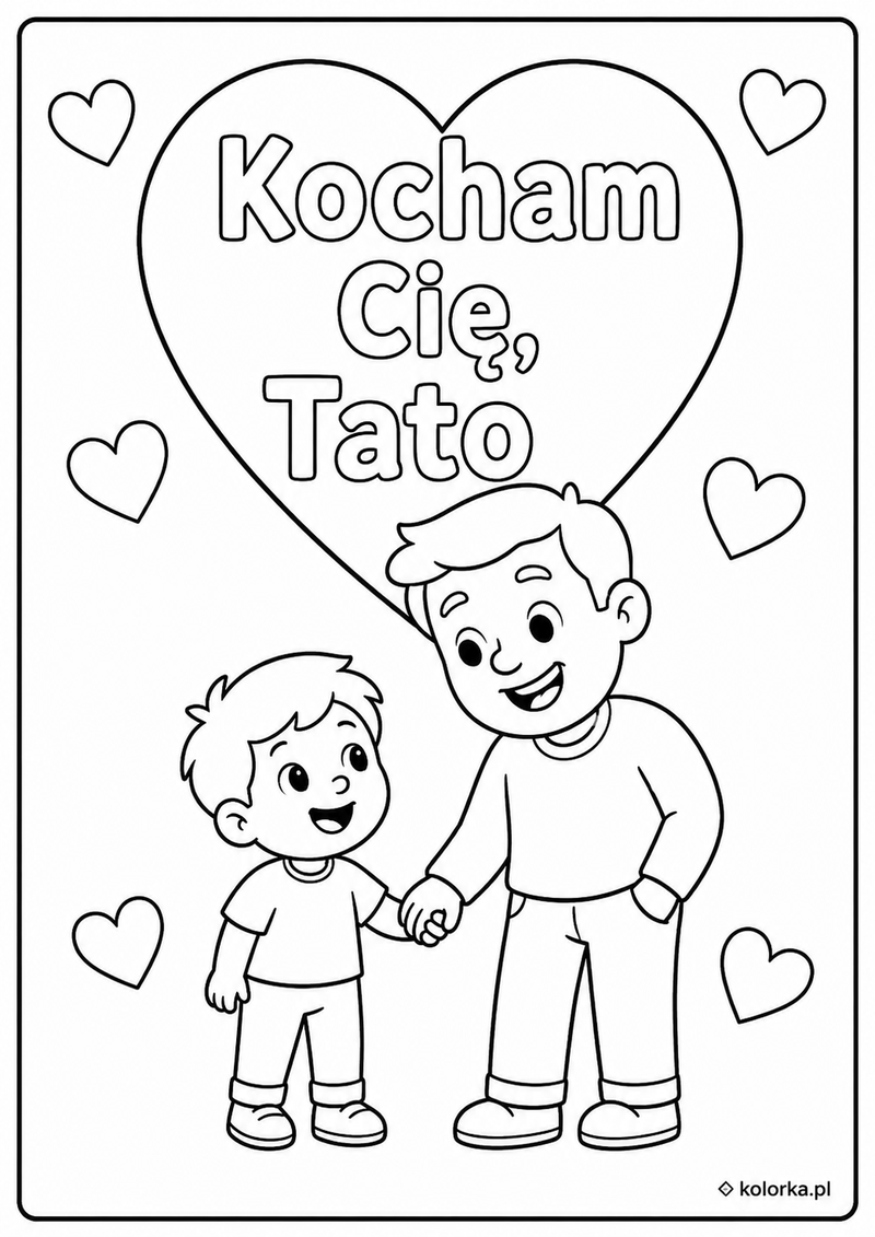 Laurka dla taty do kolorowania - tata z synem i sercami