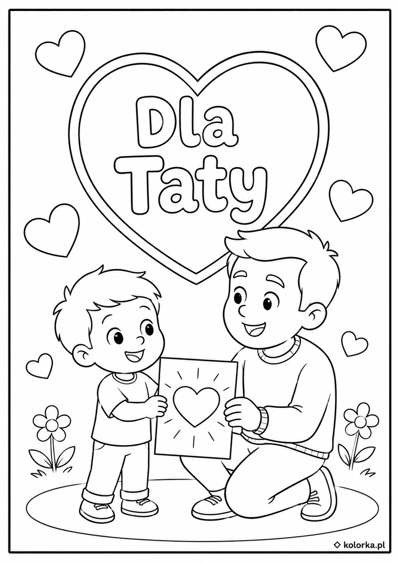 Laurka dla taty do kolorowania - tata i dziecko trzymają serce
