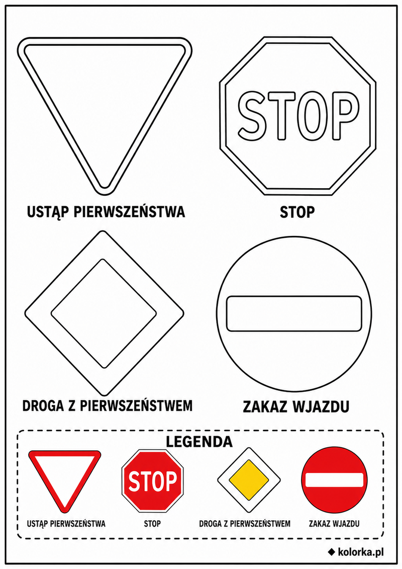 Kolorowanki znaki drogowe - podstawowe znaki