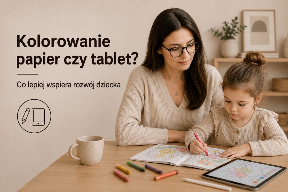 Dziecko porównujące kolorowanie kredkami na papierze i rysikiem na tablecie