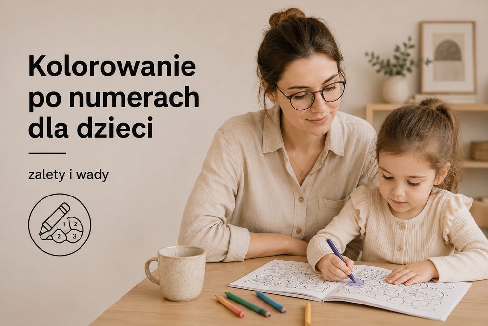 Dziecko kolorujące obrazek po numerach wspólnie z opiekunem