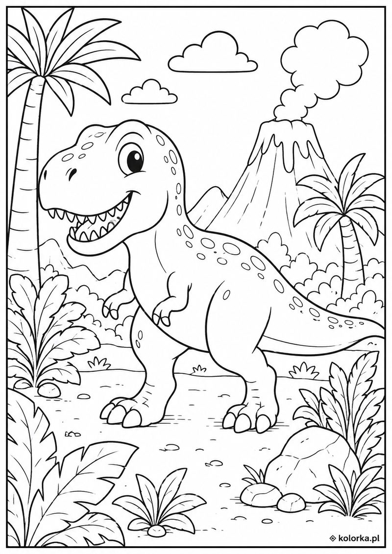 Kolorowanki dinozaury - dinozaur wśród prehistorycznych roślin