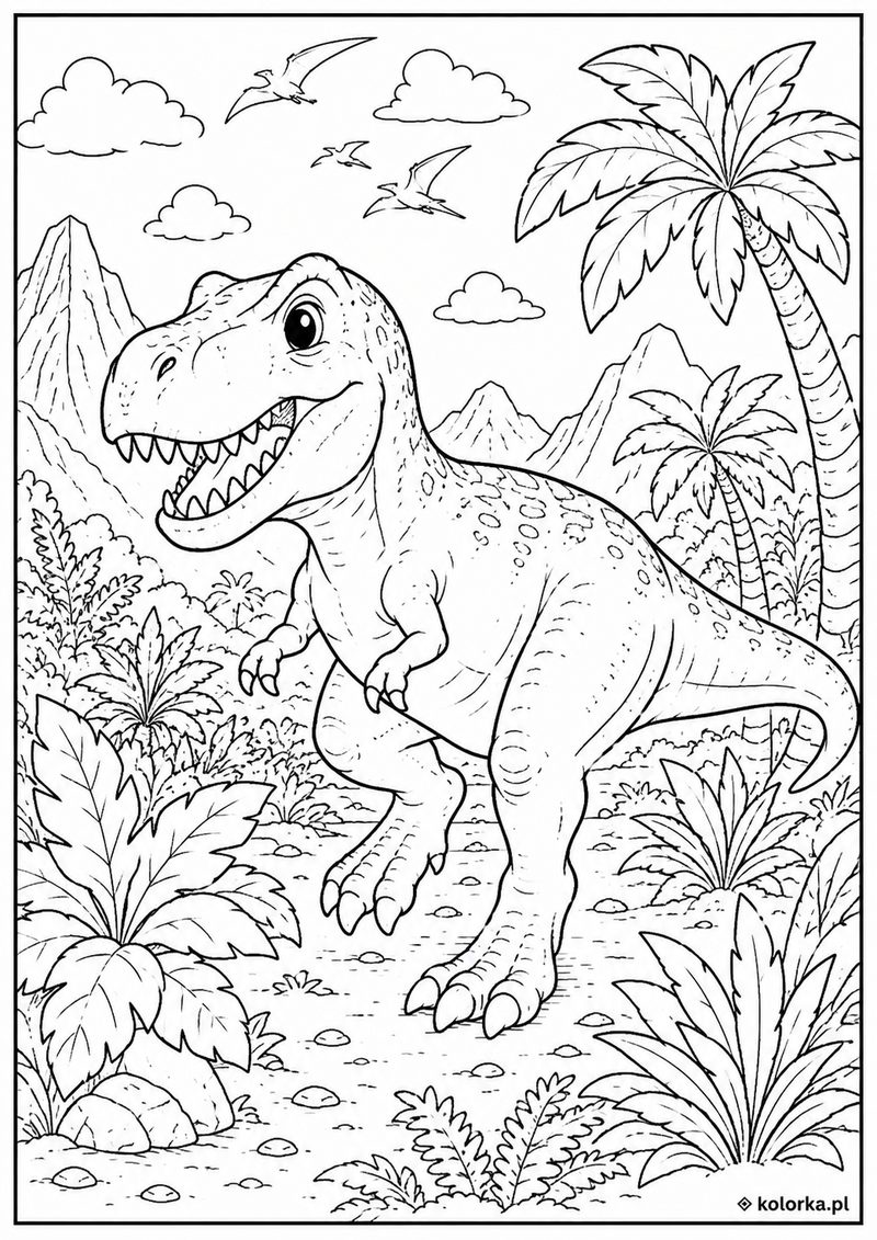 Kolorowanki dinozaury - tyranozaur spacerujący w prehistorycznej dżungli