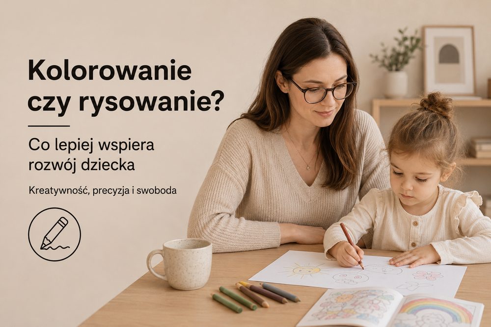 Dziecko na zmianę kolorujące i samodzielnie rysujące