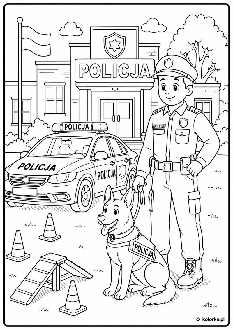 Kolorowanki policja, radiowozy - policyjny pies ćwiczy z opiekunem przed komisariatem