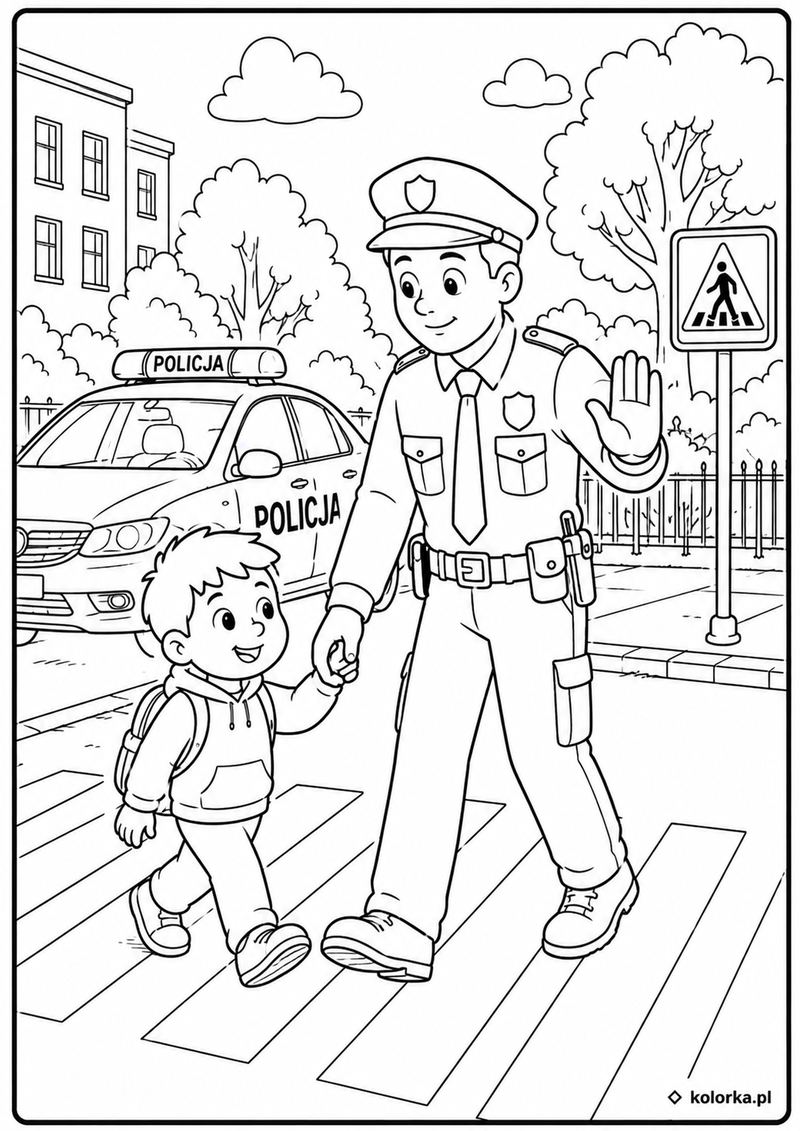 Kolorowanki policja, radiowozy - policjant przeprowadza chłopca przez pasy