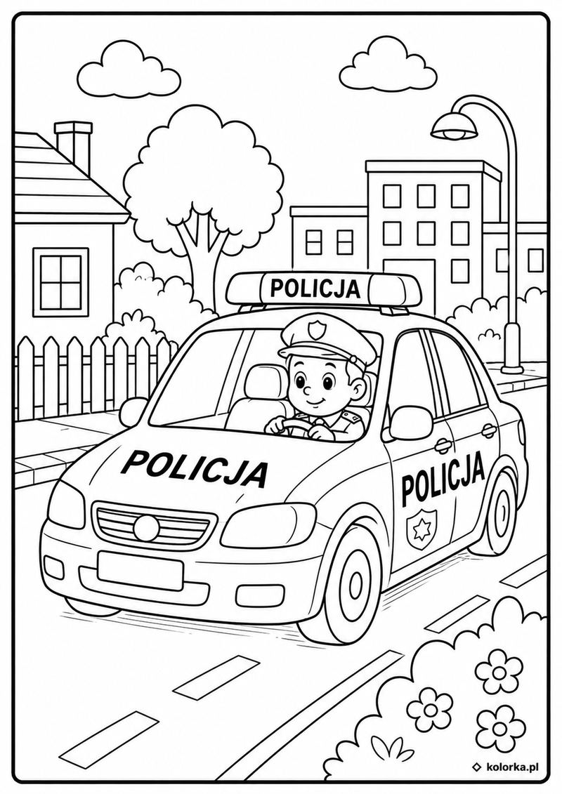 Kolorowanki policja, radiowozy - radiowóz patroluje spokojną ulicę