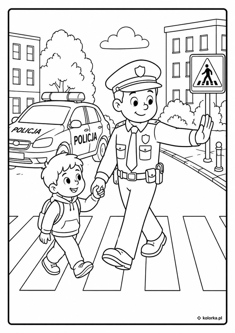 Kolorowanki policja, radiowozy - policjant pomaga dziecku przejść przez jezdnię