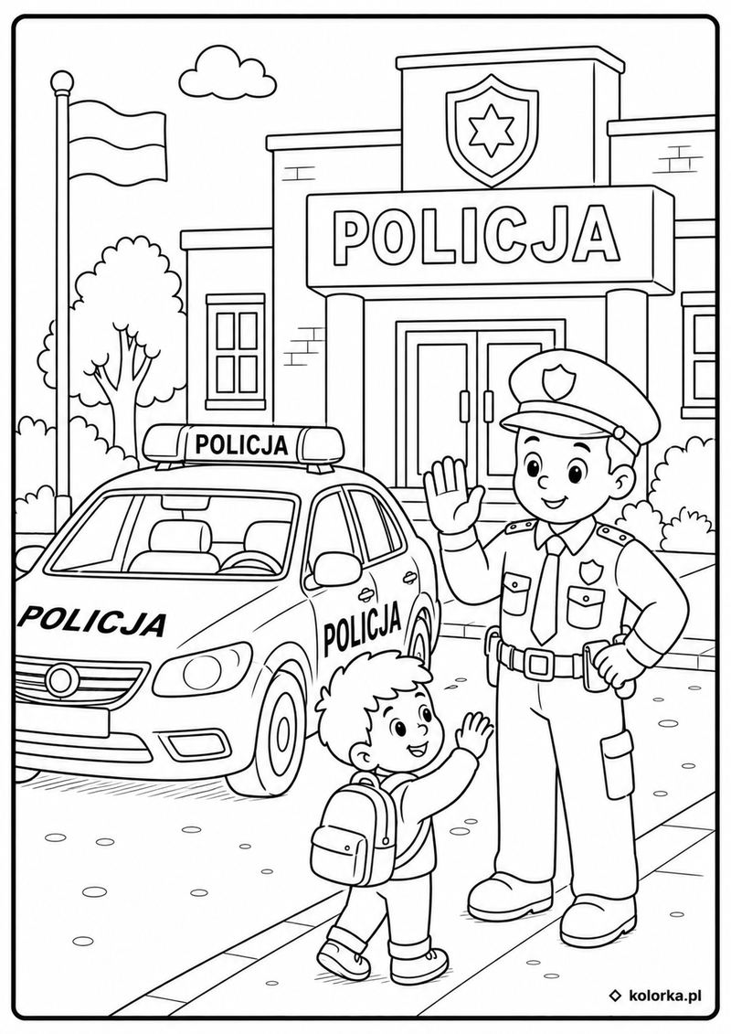 Kolorowanki policja, radiowozy - policjant rozmawia z dzieckiem przed komisariatem