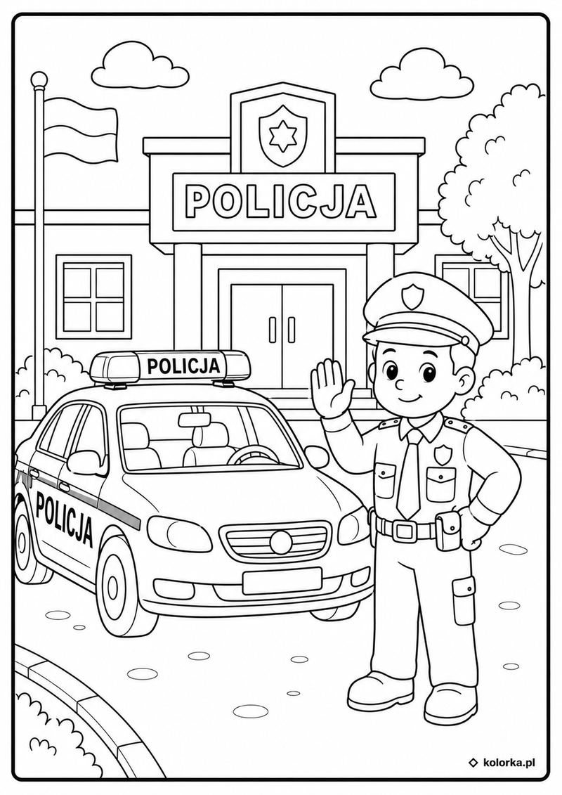 Kolorowanki policja, radiowozy - policjant i radiowóz stoją przed komisariatem