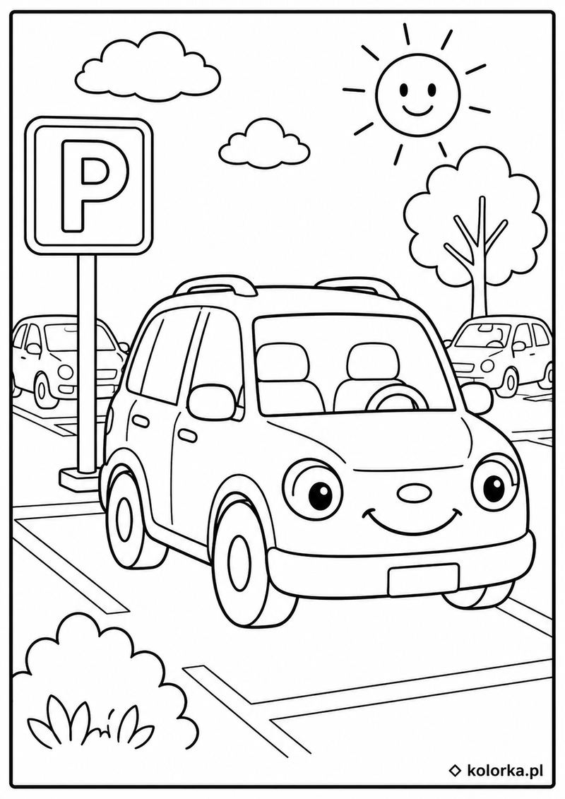 Kolorowanki samochody - wesoły samochód stoi na miejskim parkingu