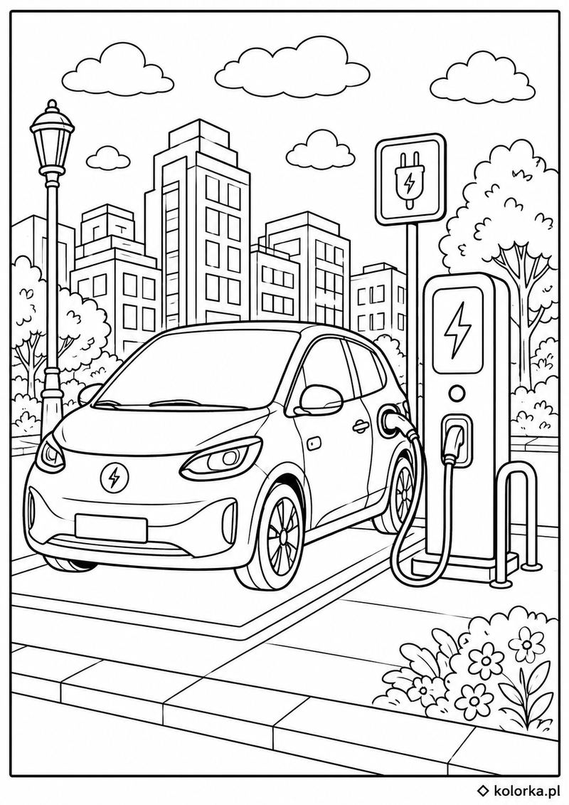 Kolorowanki samochody - samochód elektryczny ładuje się w mieście
