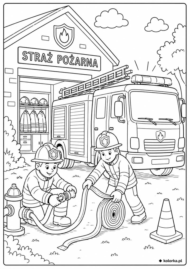 Kolorowanki straż pożarna, wozy strażackie - strażacy podłączają i rozwijają wąż