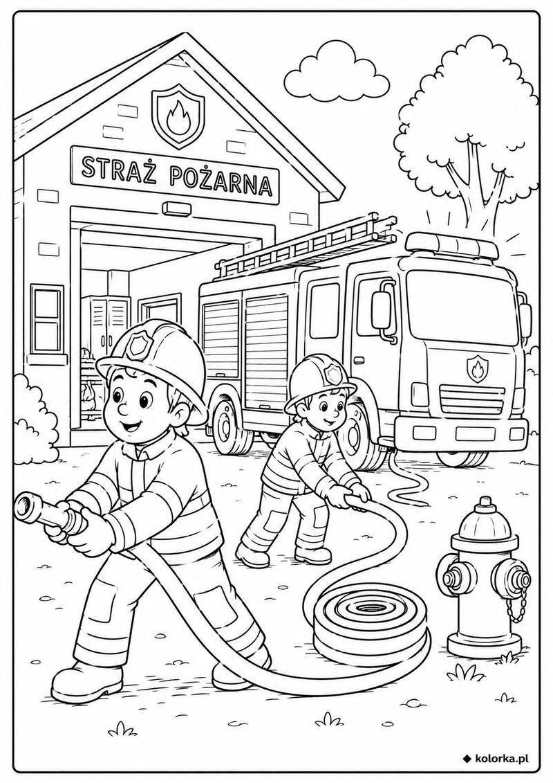 Kolorowanki straż pożarna, wozy strażackie - strażacy rozwijają wąż przed remizą