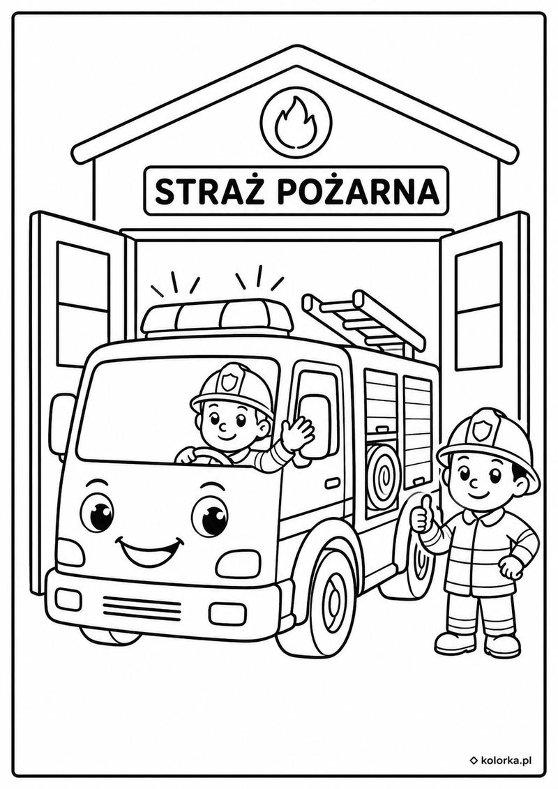 Kolorowanki straż pożarna, wozy strażackie - wóz strażacki wyjeżdża z remizy