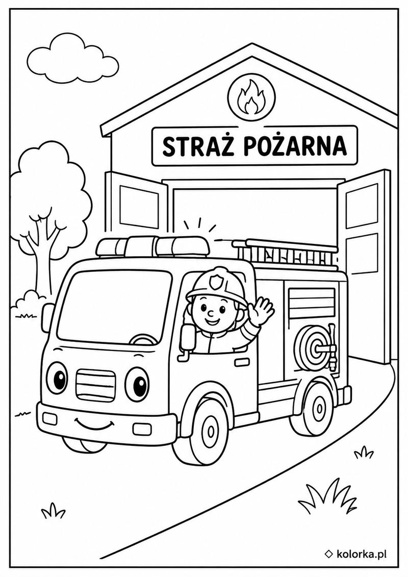 Kolorowanki straż pożarna, wozy strażackie - strażak wyjeżdża wozem z remizy