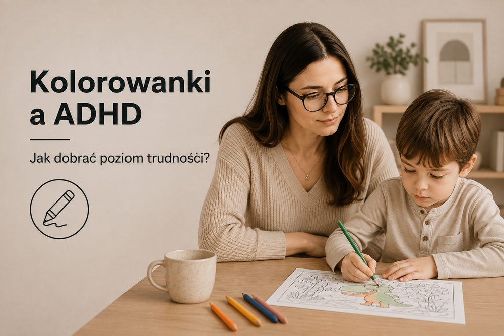 Dziecko z ADHD kolorujące prosty obrazek przy spokojnym stanowisku